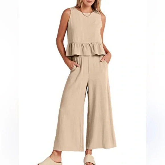 Tan 2 piece Linen Vacation Set NWOT SIZE M - Picture 6 of 8